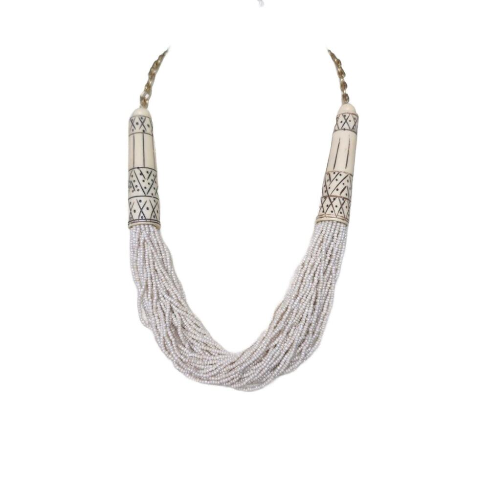Vintage Cream Multi Strand Seed Bead and Bone Necklace, 28" Long